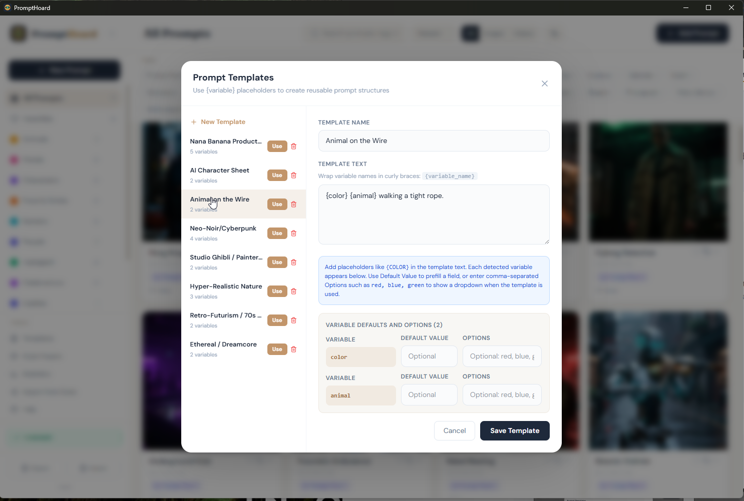 Template creation interface